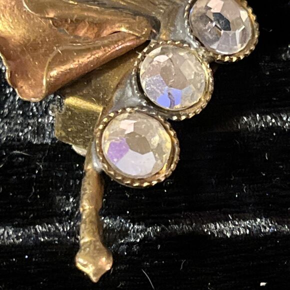 VTG Made In Italy Mixed Metal Brass Copper Rhinestone Butterfly Clip On Earrings - Picture 4 of 14